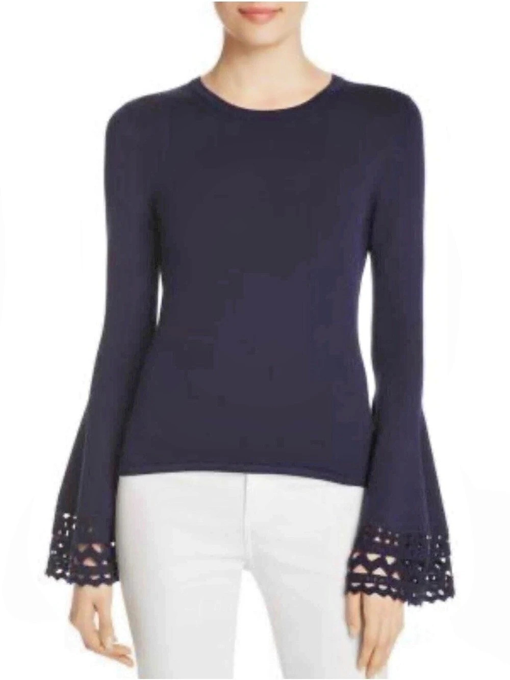 MILLY Blue Solid Knit Crew Neck Bell Sleeve Cut-Out Pullover Sweater Size L